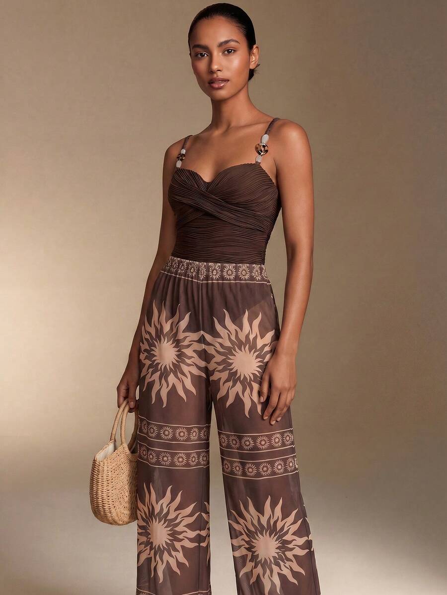 Swim Oasis Brown Two Pieces Swimsuit Set With Mesh Pants And Beaded Accents For Women - Brown - View 1