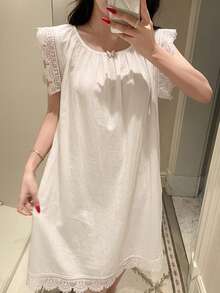DAZY 蕾絲拼接百褶寬鬆短洋裝，女款夏季睡衣家居服 - 白色 - 查看 5