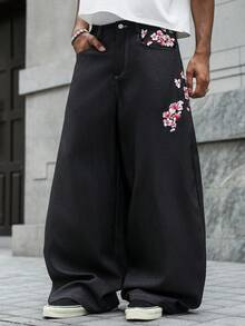 Quần nam hiệu ứng denim, quần dài in họa tiết hoa đào, quần thời trang retro Mỹ đa năng, quần ống thẳng thêu PAVTROS dành cho nam, màu đen, chi tiết thêu đồ họa, eo chun, phong cách đường phố hip hop, dáng rộng, phong cách đường phố Y2K, mặc hàng ngày, trang phục mùa hè, thiết kế độc đáo ống rộng - màu đen - Xem 6