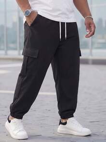 Manfinity Homme Plus Size Men's Letter Graphic Drawstring Waist Tapered Cargo Pants - Black - View 3
