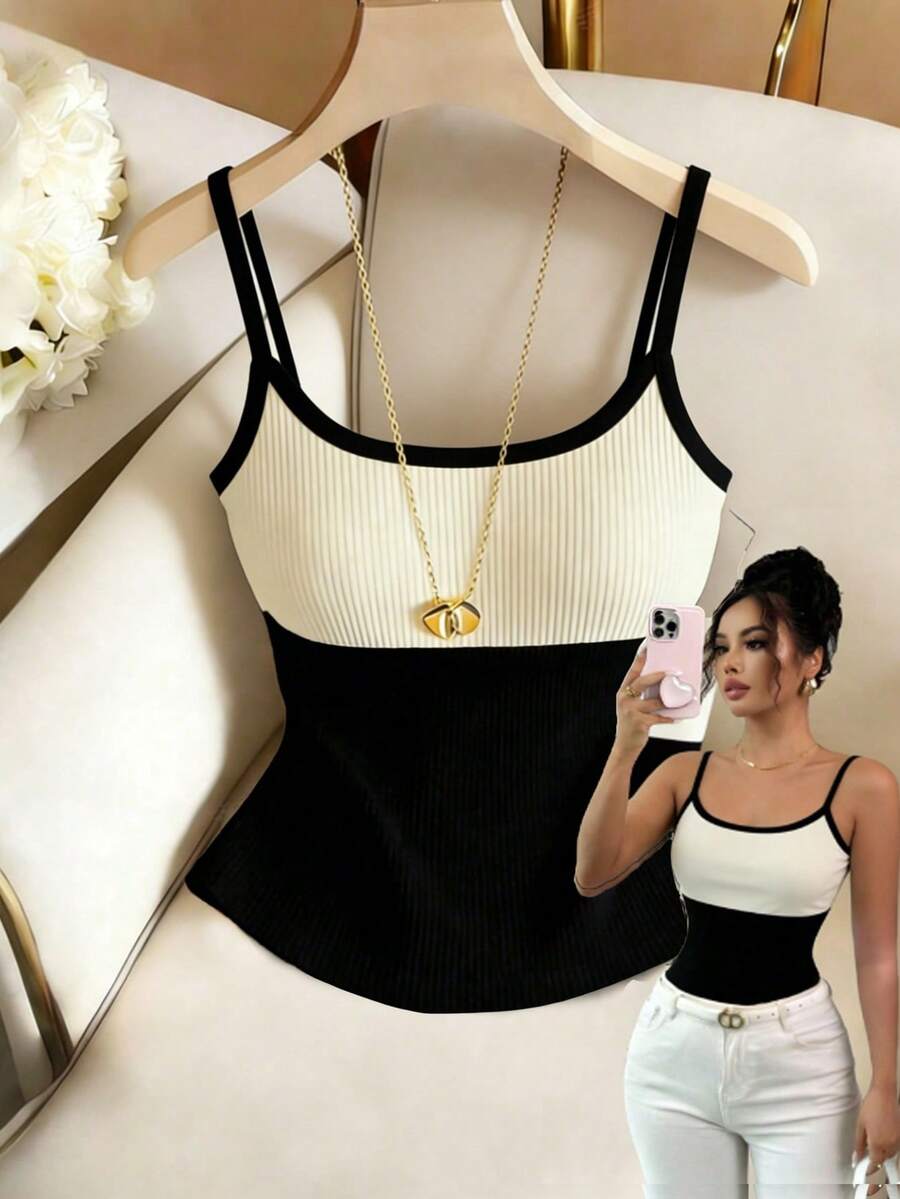 SHEIN Elenzya 女士修身黑白罗纹褶皱吊带背心，内置胸托 - 彩色 - 查看 1