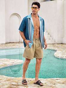 Mercer Haus Retro Geometric Contrast Color Textured Print Men's Lightweight Loose Button Pocket Short Sleeve Shirt - Blue - View 3