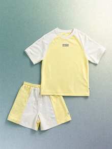 SUMWON Boys Color Block Raglan T-Shirt And Shorts Co-Ord Set With Chest Print Summer Casual Two Piece Outfit Yellow White Matching Set - Yellow - View 1