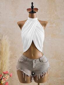 Bellisia Crossover Rhinestone Chain Detail Backless Halter Top Casual Summer - White - View 4