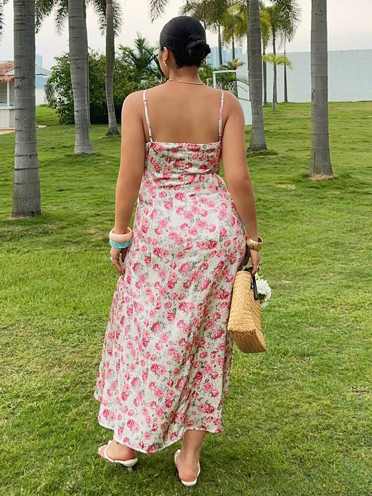 Dazy Plus Plus Size Ditsy Floral Waist Cinched Dress, Suitable For Vacation, Date, Beach, Spring/Summer