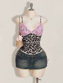 SHEIN ICON Áo camisole nữ phối ren và họa tiết da báo, gợi cảm, đa năng. - Nhiều màu - Xem 4