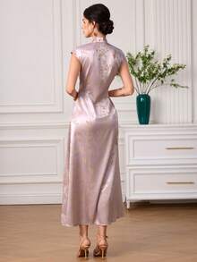 EastFlair Vestido de mujer con estampado completo y abertura hasta el muslo con cuello de corbata - Blush Crush - Ver 7