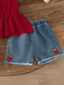 SHEIN Elladie kids Bộ áo hai dây và quần short denim mùa hè ngọt ngào, tươi mát cho bé gái, có chi tiết nơ, thích hợp cho các hoạt động hàng ngày, du lịch, họp mặt gia đình và mua sắm mùa hè. - Đỏ - Xem 3