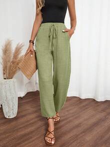 EMERY ROSE Women's Denim Effect Linen Floral Trim Side Pants - Olive Green - View 3