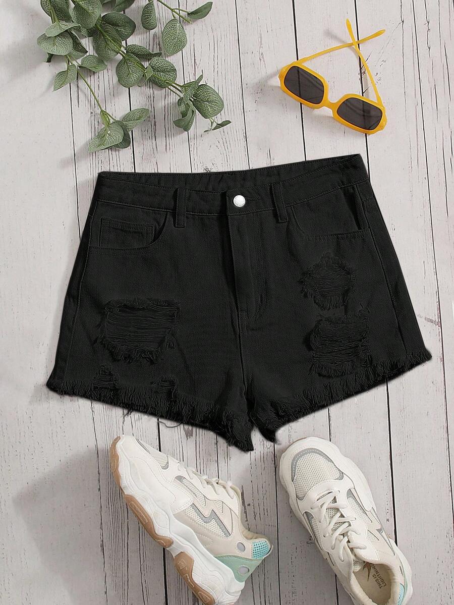 SHEIN Teen Girls' Casual Solid Color Distressed Denim Shorts, Summer - Black - View 1