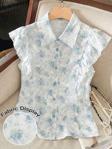 Seusyu Women's Digital Print Floral Ruffle Sleeve Blouse, Fashionable & Age-Reducing, Spring/Summer - Blue - View 8