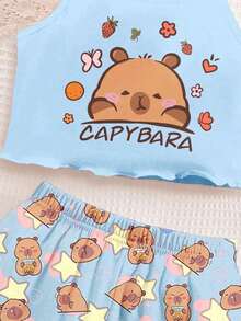 Cute Cartoon Capybara Pattern,Cream Blue,Tween Girl Casual Minimalist Fitted Camisole Top And Shorts Loungewear Set,Suitable For Summer,Chill - Multicolor - View 4