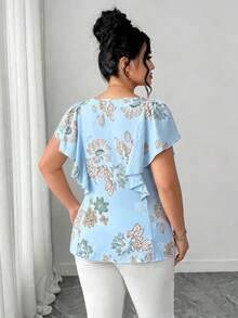 SHEIN Clasi 大码女装春夏刺绣3D印花柔软面料优雅荷叶袖修身衬衫，休闲通勤办公穿着，百褶迷你裙，百搭上衣，适合新年派对、毕业典礼、情人节、音乐节、母亲节、万圣节、感恩节、复活节、国庆节、舞会、约会、婚礼、户外活动等场合。 - 淺藍色 - 查看 2
