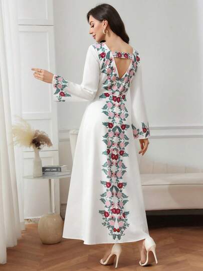 Al Najma Women's Elegant Floral Print Round Neck Backless Arabic Style Dress