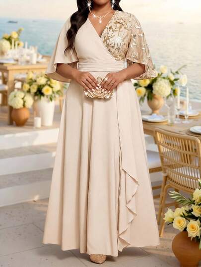 SHEIN Lady Vestido elegante de fiesta de talla grande con bordado floral y parches de malla