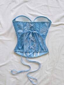 Soleia Áo croptop có gọng, chất liệu lưới ombre đính hạt, khóa kéo xương cá. - Màu xanh lam - Xem 2