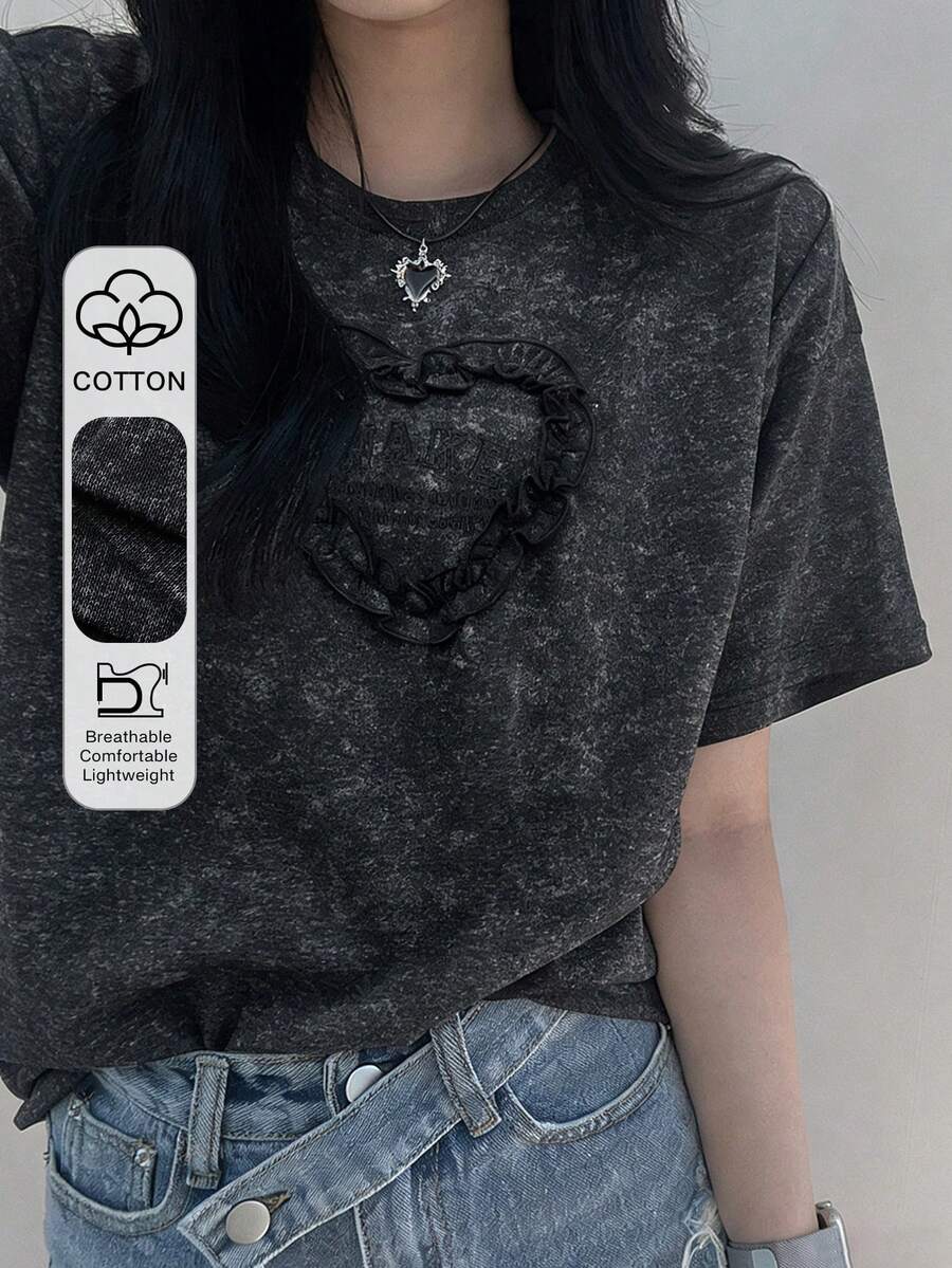 Women's Casual Heart Frill Trim Short Sleeve T-Shirt, Summer - Black - View 1