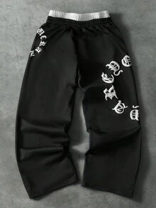 PAVTROS Men's Casual Letter Print Drawstring Waist Sweatpants - Black - View 3