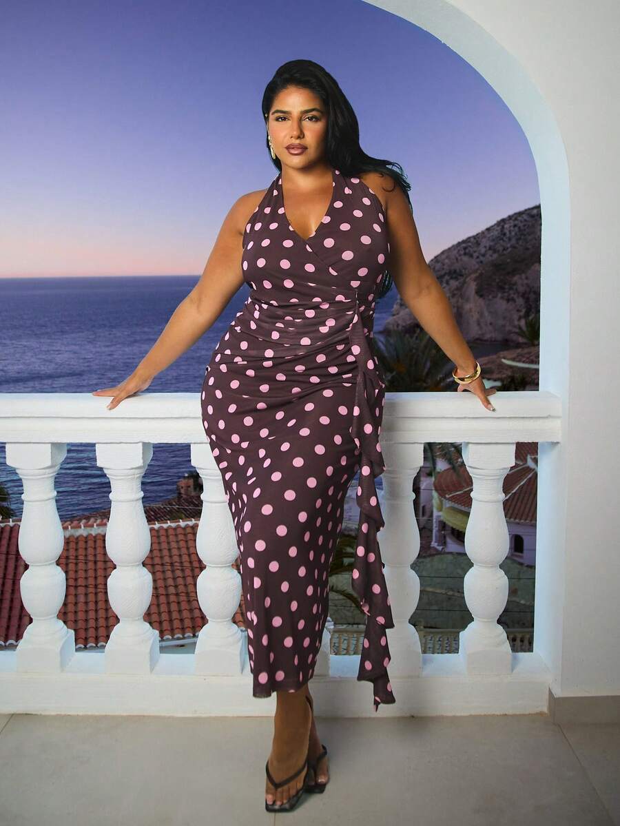 FASHION SZN Plus Size Wrap Over Mesh Polka Dot Ruffle Halter Neck Maxi Dress Stretch Fabric Elegant Occasion Chic Wedding Guest Races Dress Hen Do Bachelorette - Multicolor - View 1