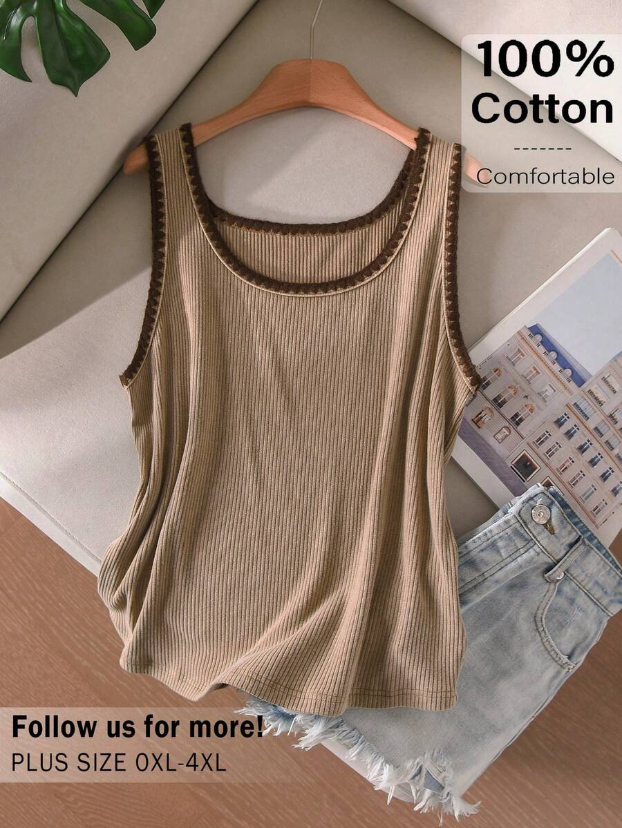 CosyJoli Plus Size Women Washed Snow Flower Camisole Casual Street Style Top, Plus Size Women Contrast Trim Camisole And Tank Top, Summer Tops - Camel - View 1