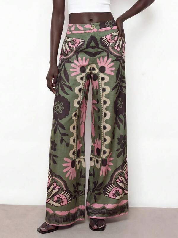 Maija Pantalones verdes de verano para mujer con botón delantero y cremallera, cintura elástica trasera, bolsillos en diagonal, estilo occidental para vacaciones, estampado floral de patrón interesante, pantalones sueltos de moda casual y cómodos para el Día de San Patricio, Pascua, verano, playa, vacaciones de verano, salida, graduación