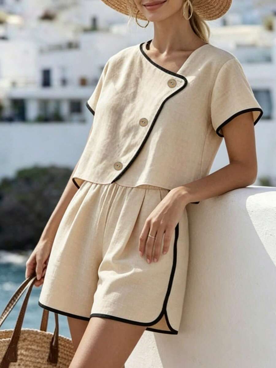 Selamara 夏季度假简约撞色滚边衬衫短裤两件套 - 彩色 - 查看 1