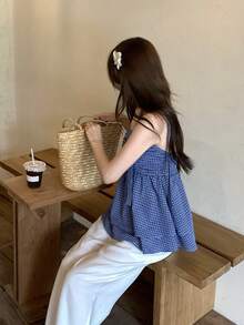 Áo ống kẻ caro nữ, áo hai dây phong cách Hàn Quốc thường ngày thanh lịch. - Màu xanh lam - Xem 2