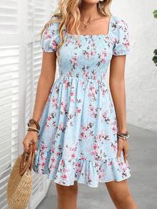 Elenzga Plus Size Women's Pink Floral Square Neck Dress, Puff Sleeve, Flattering, Casual/Work/Vacation Soft Aesthetic Short Skater Dress - Blue - View 5