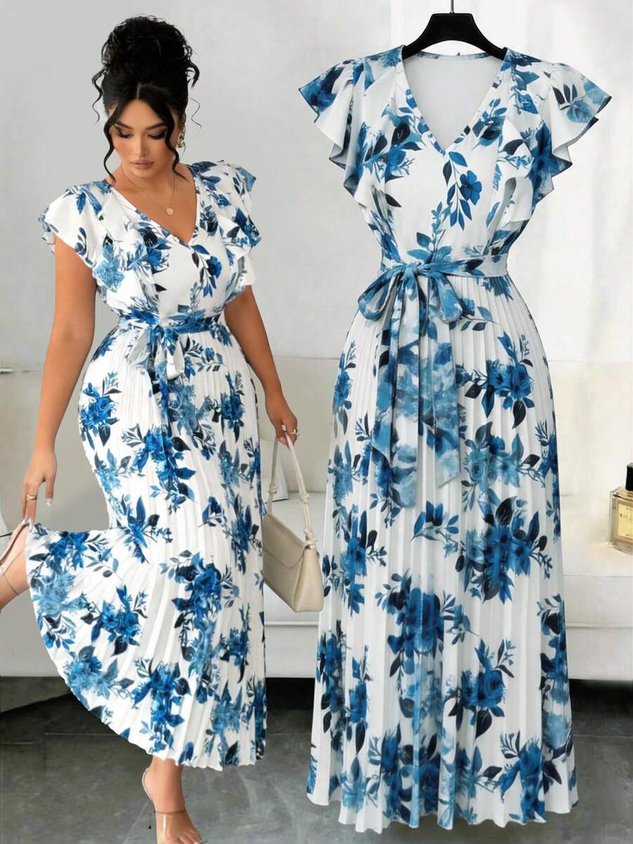 Elenzga Elegant Blue Floral Pleated Long Dress For Women V Neck Layered Short Sleeve A Line Ruffle Boho Woven Fabric - Blue - View 1