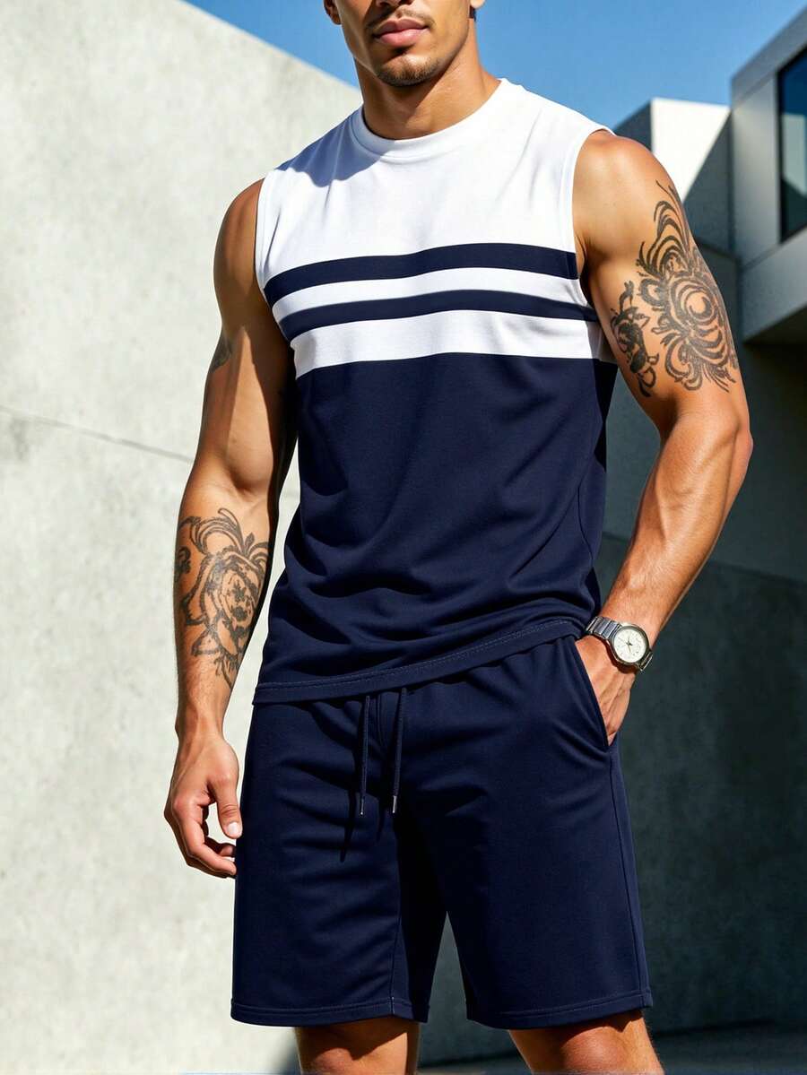 Manfinity Homme 男士休闲撞色背心短裤套装,夏季 - 彩色 - 查看 1