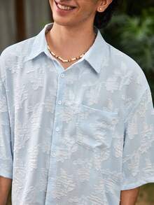 Open Phase Men's Street Style Casual Shirt, Lightweight Breathable Fashionable Cut-Out 3D Textured Short Sleeve Button-Up Shirt, Cropped Loose Fit Versatile Sky-Blue Couples Outfit, Suitable For Weekend Dates Beach Vacations Beach Parties Daily Shopping, Perfect Gift For Boyfriend & Son & Mother's Day - Blue - View 7