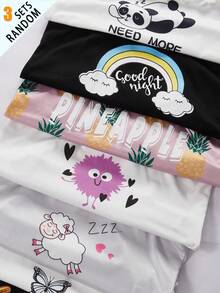SHEIN Genkimix Kids 隨機發貨 3/8 套青少年女孩夏季粉色與白色可愛睡衣，動物水果背心與短褲針織無袖睡衣套裝 - 彩色 - 查看 4