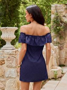 Vivid Eden Women's Casual Romantic Vacation Polka Dot Print Off Shoulder Dress, Spring/Summer,Dresses For Women Summer - Navy Blue - View 17