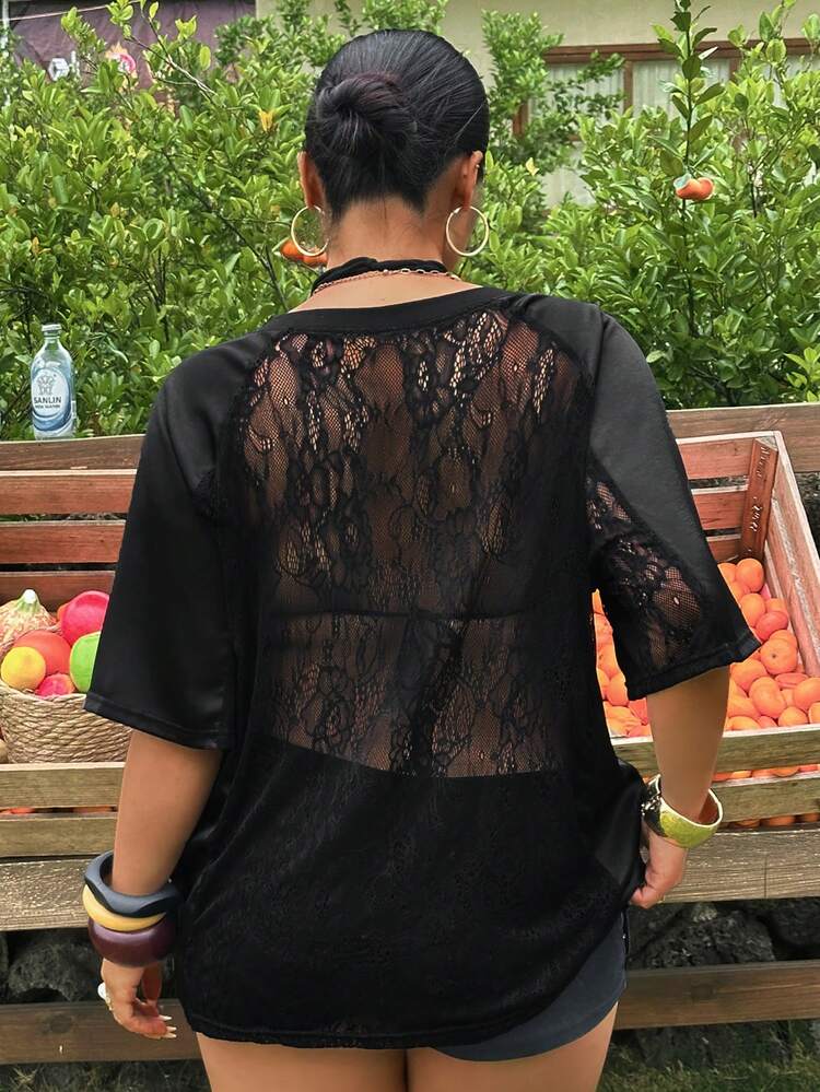 Dazy Plus Summer V-Neck Short Sleeve Letter Embroidery Loose Lace Patchwork Casual Street Style Relaxed Vacation Black Short Sleeve T-Shirt, Spring/Summer