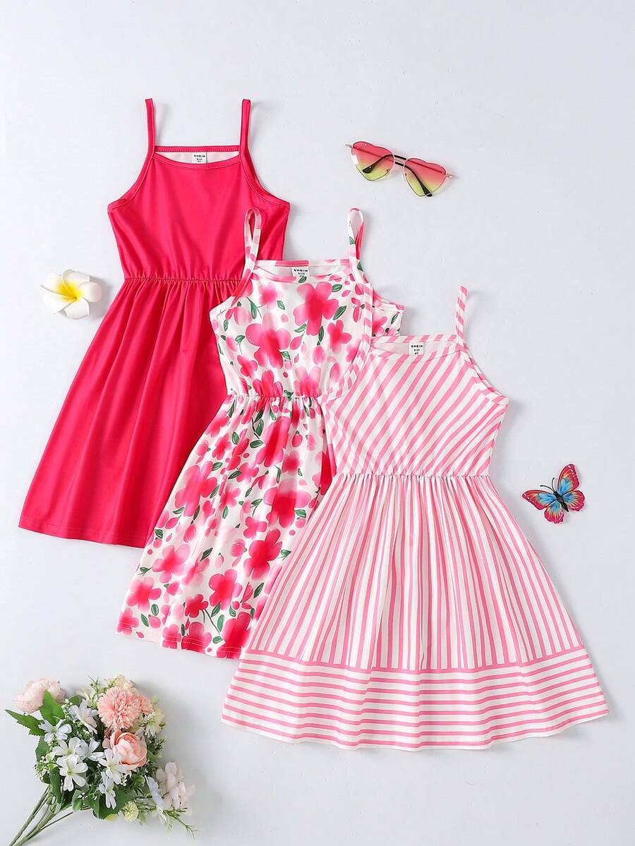 SHEIN 3件套女童卡通独角兽冰淇淋印花舒适吊带连衣裙,适合儿童派对、度假、夏季穿着,也可作为姐妹装礼物 - 彩色 - 查看 1