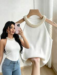 GlowEve Women's Elegant Pearl Halter Neck Ribbed Knit Tank Top, Sleeveless Slim Fit Cropped, White Solid Color Fitted Basic Top For Daily Date Wear Summer - White - View 3