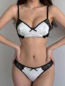 DAZY 2 piezas Conjunto de sujetador inalámbrico y panty con tirantes de espagueti ajustables y parches de encaje para mujeres - Negro - Ver 6