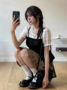 DAZY Women's Round Neck Short Sleeve Korean Style Casual 2 In 1 Short Sleeve Shirt Summer School - Black and White - View 9