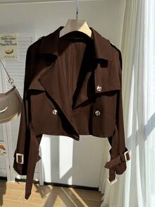 Comfortcana Plus Size Retro Brown Short Trench Coat With Collar, Suitable For Spring And Autumn - Brown - View 5
