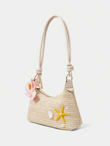 Bolso de Hombro Elegante de Moda Coreana, Bolso Bandolera Versátil para Uso Diario de Mujeres - Bolso de paja blanco con rayas horizontales y estrella de mar amarilla. - Ver 4