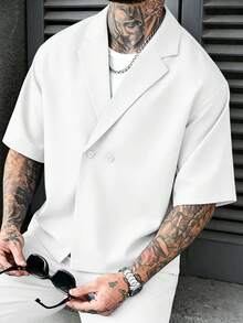 SLATEMANN 男士休閒日常通勤極簡純色翻領寬鬆襯衫，夏季，正式 - 白色 - 查看 4