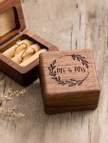 1PC 6.2x6.2x4.1cm Handcrafted Walnut Wood Elegant Holds 2 Rings Engraved Mr And Mrs Ring Box For Wedding Proposal Engagement Anniversary Gift Couple Wooden Ring Box - Brown - View 12