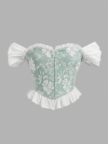 SHEIN Young Girl Elegant Jacquard Off-Shoulder Ruffle Corset Structure Hem Top, Jacquard Satin Blouse - Green - View 3