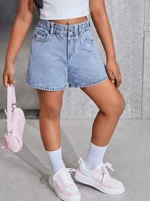 Quần short denim đa năng, thoải mái dành cho bé gái tuổi teen, có túi. - Rửa nhẹ - Xem 2