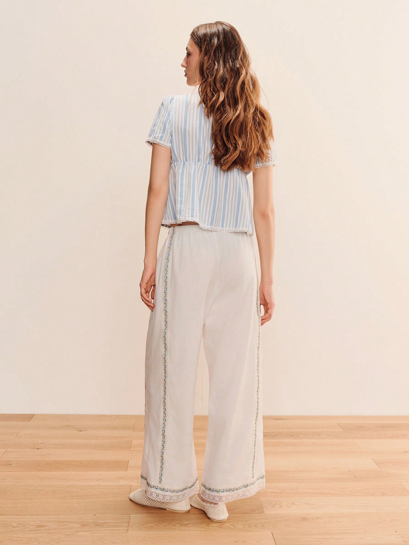 Light Blue Loose Fit Square Neck Striped Blouse With White Lace Trim, Puff Shoulders, Spring Summer Holiday Top Cute Going Out Blouse Casual Top French Style Striped Top