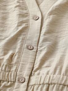 GlowEve CURVE Plus Size Summer Casual Solid Color Shirt And Shorts 2 Pieces Set - Khaki - View 3