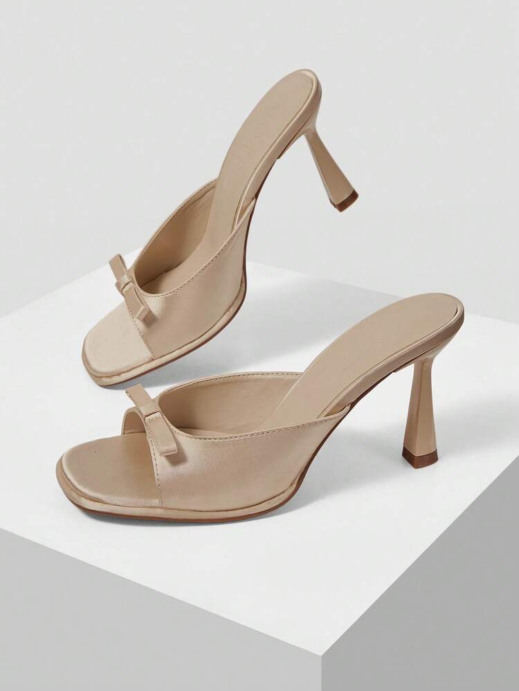 BOW DECOR MULE SOLID HEELED SANDALS VACATION SHOES, FOR SUMMER NEW YEAR HOLIDAY, SPRING SHOES, SPRING BREAK EASTER PROM HEELS FOR CHRISTMAS