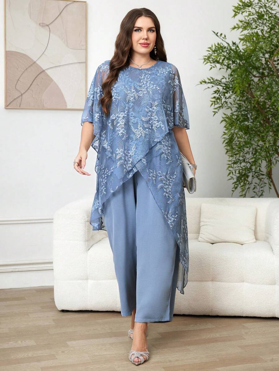 Reflora Plus Size Women Floral Embroidery Mesh Asymmetric Hem Top And Wide Leg Pants Elegant 2 Pieces Set Wedding Guest Tea Party Dusty Blue Autumn Fall