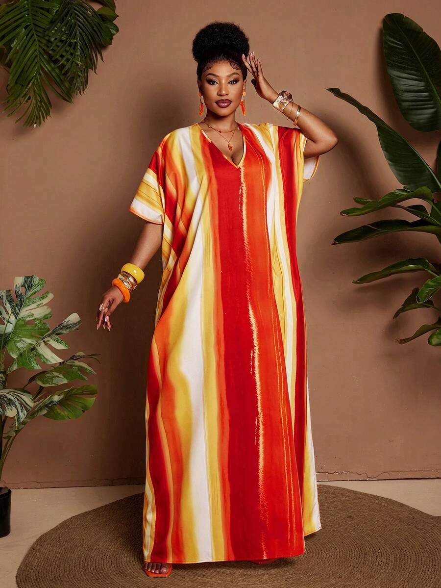 Maweii Plus Size Women's Vacation Dress, Yellow Ombre Color Block Print, V-Neck Design, Spring/Summer New Versatile Boho Long Sleeve Maxi Dress - Multicolor - View 1