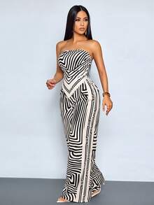 SOLERSUN 2 Stücke Set Damen Frühling/Sommer Alltags-Outfits, lässig elegant, abstraktes gestreiftes lässiges Crop Top & bedruckte elegante romantische Urlaubsunterteile für Damen für den täglichen Gebrauch, elegante farbenfrohe bedruckte figurbetonende sexy schicke Party graziöse Urlaubskleidung - Schwarz - Übersicht 6